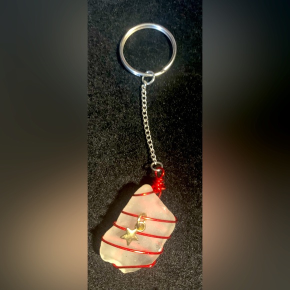Seaglass Key Chain White Wrapped in Red Wire with Gold Star Cape Breton Island - Picture 1 of 5